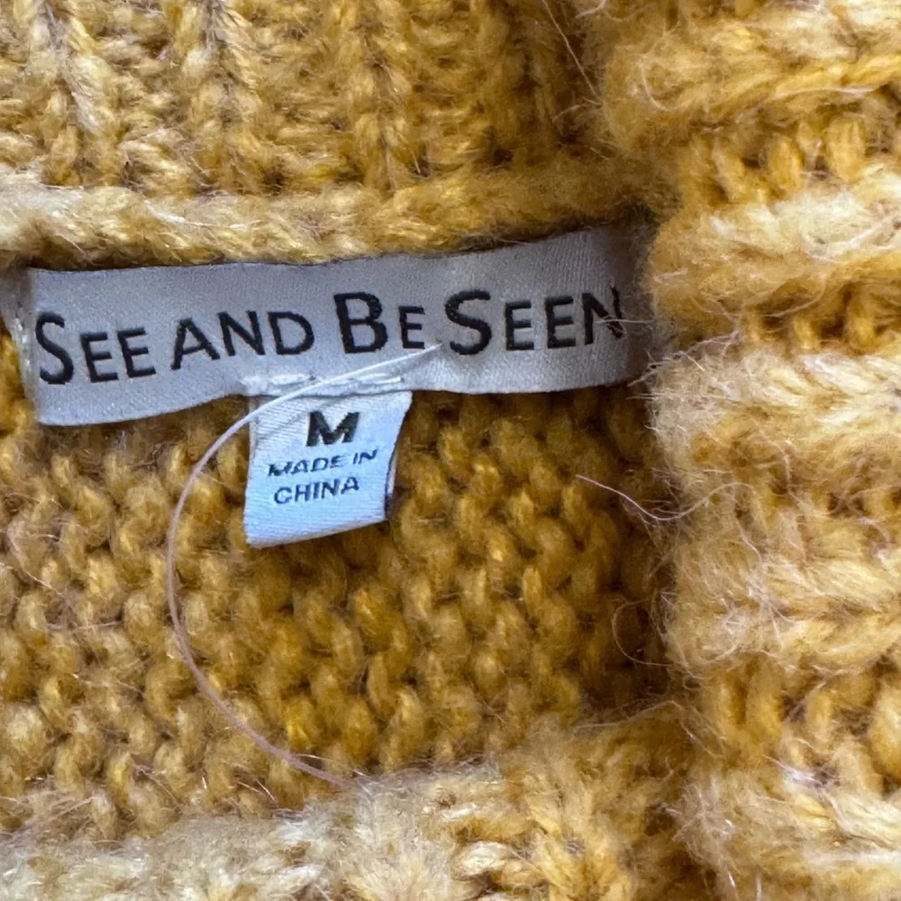 See And Be Seen Sweater Sz M Cable Knit Turtleneck Golden Yellow Oversized Boho